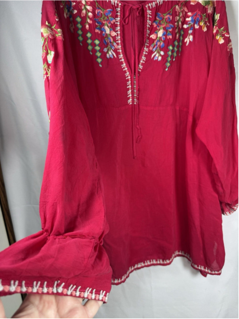 Johnny Was Red Floral Embroidered Tie Yoke Neck Tunic Top Blouse 2X Geometric - Picture 4 of 9